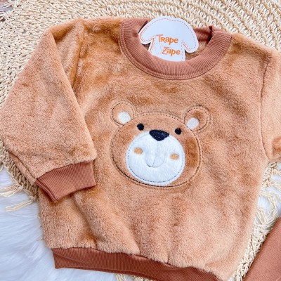 Conj. Casaco de Pelinho Ursinho e Calça de Moletom - Marrom